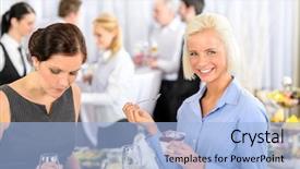  Presentation with meeting - Slides having woman eat dessert formal company background and a light blue colored foreground