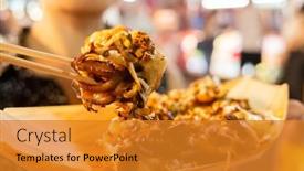  Presentation with octopus - Colorful presentation enhanced with woman-eat-famous-taiwanese-snacks backdrop and a gold colored foreground