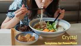  Presentation with eat - Presentation design with woman-eat-taiwanese-braised-beef background and a tawny brown colored foreground