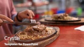  Presentation with eat - Beautiful PPT theme featuring woman-eat-taiwanese-night-market backdrop and a tawny brown colored foreground