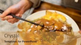  Presentation with oyster - Audience pleasing presentation theme consisting of woman eat traditional taiwanese snack of oyster omelet backdrop and a gold colored foreground
