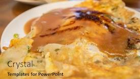  Presentation with oyster - Audience pleasing PPT layouts consisting of woman-eat-traditional-taiwanese-snack backdrop and a yellow colored foreground