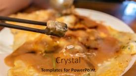  Presentation with snack - Cool new PPT theme with woman-eat-traditional-taiwanese-snack backdrop and a gold colored foreground