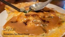  Presentation with oyster - PPT layouts having woman-eat-traditional-taiwanese-snack background and a gold colored foreground