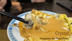  Presentation with eat - Slide deck having woman-eat-traditional-taiwanese-snack background and a gold colored foreground