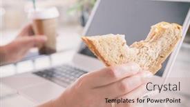  Presentation with breakfast sandwich - Presentation design featuring woman eating a breakfast sandwich and drinking coffee while working with a laptop background and a coral colored foreground