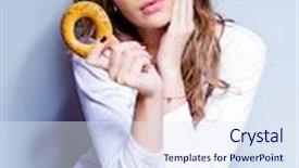  Presentation with diet - Cool new slide set with woman eating a bun humorous portrait of a woman keeping a diet backdrop and a sky blue colored foreground