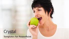  Presentation with healthy eating - Audience pleasing PPT layouts consisting of woman eating a green apple backdrop and a lemonade colored foreground