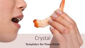  Presentation with prawn - Audience pleasing slide deck consisting of woman eating a jumbo shrimp prawn dipped in cocktail sauce backdrop and a coral colored foreground