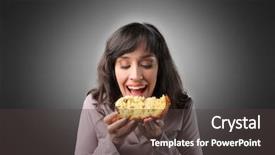  Presentation with eating - Cool new PPT layouts with woman-eating-a-slice backdrop and a dark gray colored foreground