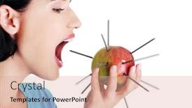  Presentation with needles - Slides enhanced with woman eating an apple with needles throat pain concept background and a coral colored foreground