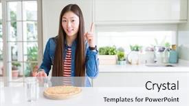 Presentation with cost cutting - Audience pleasing presentation theme consisting of woman eating and cutting chess backdrop and a sky blue colored foreground