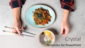  Presentation with asian food - Slides having woman eating asian food background and a soft green colored foreground