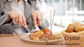  Presentation with restaurant - Audience pleasing PPT theme consisting of woman eating at restaurant backdrop and a coral colored foreground
