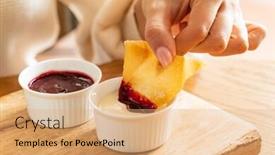  Presentation with sauces - Amazing presentation theme having woman-eating-baked-brushwood-dessert backdrop and a coral colored foreground