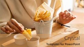  Presentation with dessert - Amazing slide set having woman-eating-baked-brushwood-dessert backdrop and a yellow colored foreground