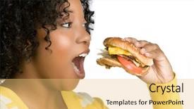  Presentation with burger - Presentation design featuring woman eating burger background and a yellow colored foreground