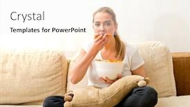  Presentation with food chips - PPT layouts enhanced with woman eating chips and watching tv she is stressed and she eating junk food background and a white colored foreground