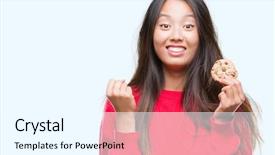  Presentation with chocolate chip - Slides consisting of woman eating chocolate chip cookie background and a  colored foreground