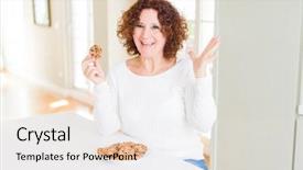 Presentation with of chocolate chips cookies - Colorful slide deck enhanced with woman eating chocolate chips cookie backdrop and a  colored foreground
