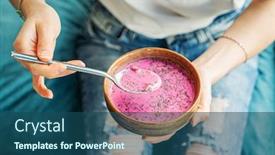  Presentation with beetroot - Slide deck having woman-eating-cold-beetroot-soup background and a ocean colored foreground