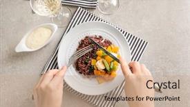  Presentation with brown rice - PPT theme enhanced with woman eating delicious brown rice background and a  colored foreground