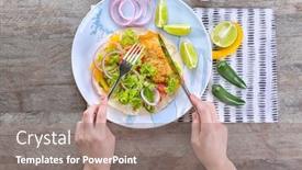 Presentation with taco - Presentation theme with woman eating delicious fish taco at wooden table background and a gray colored foreground