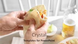  Presentation with taco - Cool new PPT layouts with woman eating delicious fish taco in kitchen backdrop and a coral colored foreground