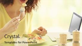  Presentation with pasta restaurant - Cool new PPT theme with woman-eating-delicious-pasta backdrop and a blonde colored foreground