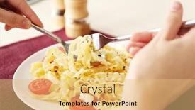  Presentation with pasta restaurant - Colorful PPT theme enhanced with woman-eating-delicious-pasta backdrop and a yellow colored foreground