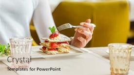  Presentation with strawberries - Amazing PPT layouts having woman eating dessert with strawberries backdrop and a soft green colored foreground