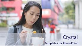  Presentation with fish ball - Amazing theme having korean snacks - woman eating fish ball hong backdrop and a sky blue colored foreground