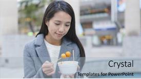  Presentation with fish ball - Slide deck featuring woman eating fish ball hong kong style snack background and a light blue colored foreground