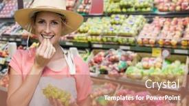  Presentation with grocery - Slide deck with woman eating grapes against blurry background and a coral colored foreground