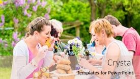  Presentation with bbq - Theme with woman eating grilled sausage on bbq party with friends background and a lemonade colored foreground