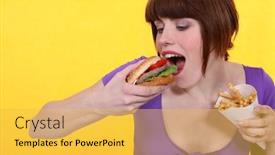  Presentation with hamburger - Slide set consisting of woman-eating-hamburger-and-fries background and a yellow colored foreground