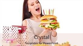  Presentation with hamburger - PPT layouts featuring woman eating hamburger at birthday isolated background and a lemonade colored foreground