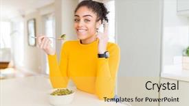  Presentation with african american woman question - Cool new presentation with woman eating healthy green vegatable backdrop and a yellow colored foreground