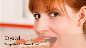  Presentation with heart healthy diet and nutrition - PPT theme having woman eating healthy in her diet having a crispbread with cream cheese cress and tomatoes background and a coral colored foreground