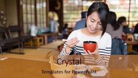  Presentation with japanese - Slides with woman eating in japanese restaurant background and a gold colored foreground