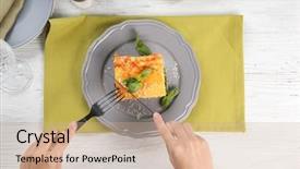  Presentation with meze restaurant - Presentation having woman eating lasagna with spinach background and a coral colored foreground