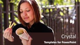  Presentation with lunch - Audience pleasing slides consisting of woman eating lunch at a cafe backdrop and a tawny brown colored foreground