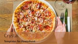  Presentation with pizzeria - Colorful PPT layouts enhanced with woman-eating-pizza-in-pizzeria backdrop and a red colored foreground