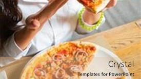  Presentation with pizzeria - PPT layouts featuring woman-eating-pizza-in-pizzeria background and a coral colored foreground