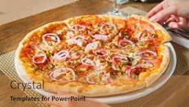  Presentation with pizzeria - Beautiful theme featuring woman-eating-pizza-in-pizzeria backdrop and a gold colored foreground