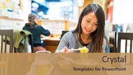  Presentation with japanese ramen - PPT theme consisting of woman eating ramen in japanese background and a coral colored foreground