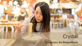  Presentation with ramen - PPT layouts consisting of woman eating ramen in restaurant background and a coral colored foreground