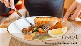  Presentation with steak - PPT layouts consisting of woman-eating-salmon-steak background and a coral colored foreground