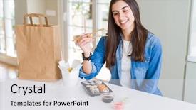  Presentation with food delivery - Amazing slide set having woman eating sushi asian food backdrop and a light gray colored foreground