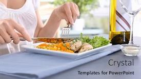  Presentation with meat - Beautiful slide deck featuring woman eating tasty chicken meat with vegetables on table in kitchen cooking for one concept backdrop and a light blue colored foreground